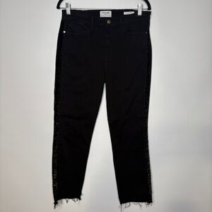 Frame Le High Straight Jeans Black with Gold Velvet Tuxedo Stripe Size 31